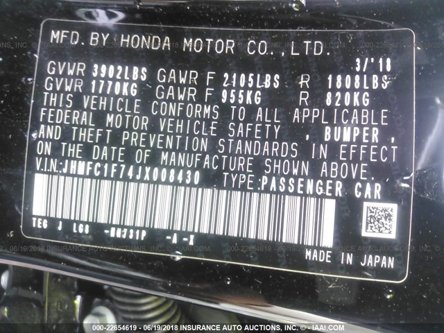 JHMFC1F74JX008430 - 2018 HONDA CIVIC EXL Qara foto 9