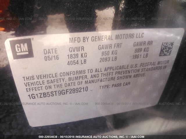 1G1ZB5ST9GF289210 - 2016 CHEVROLET MALIBU LS შავი ფოტო 9