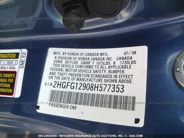2HGFG12908H577353 - 2008 HONDA CIVIC EXL ლურჯი ფოტო 9