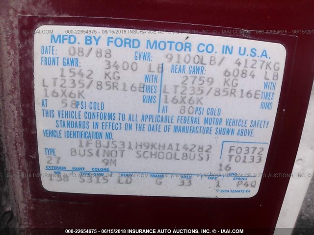 1FBJS31H9KHA14282 - 1989 FORD ECONOLINE E350 SUPER DUTY RED photo 9