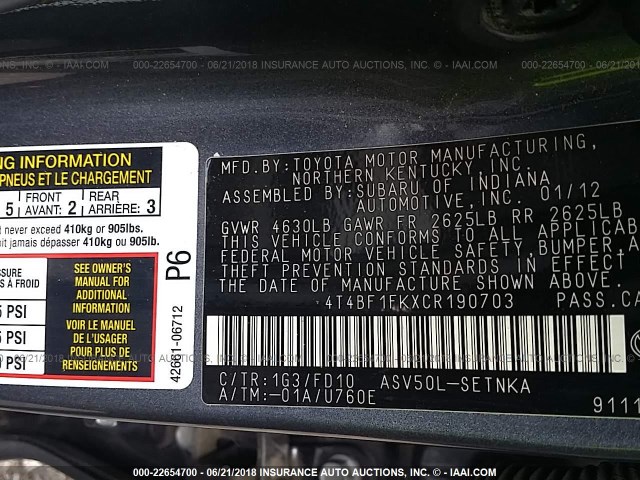 4T4BF1FKXCR190703 - 2012 TOYOTA CAMRY SE/LE/XLE 灰色 照片 9