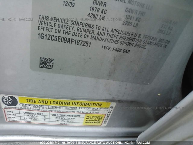 1G1ZC5E09AF187251 - 2010 CHEVROLET MALIBU 1LT SILVER photo 9