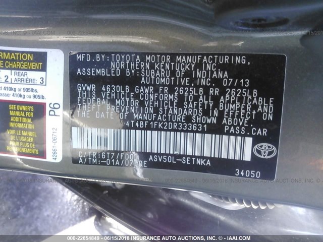 4T4BF1FK2DR333631 - 2013 TOYOTA CAMRY L/SE/LE/XLE GRAY photo 9