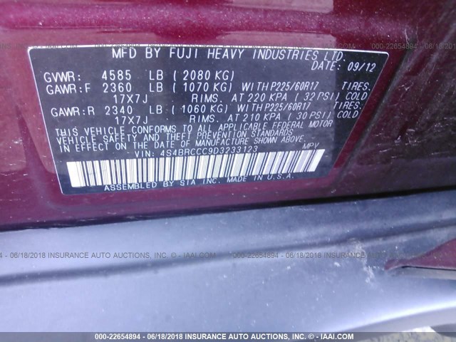 4S4BRCCC9D3233123 - 2013 SUBARU OUTBACK 2.5I PREMIUM RED photo 9