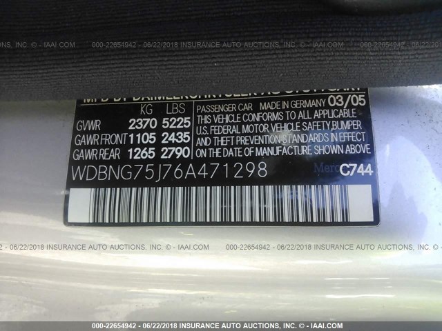 WDBNG75J76A471298 - 2006 MERCEDES-BENZ S 500 SILVER photo 9