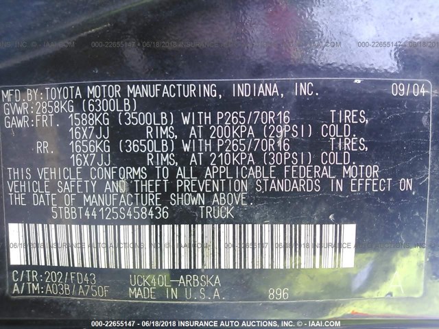 5TBBT44125S458436 - 2005 TOYOTA TUNDRA ACCESS CAB SR5 BLACK photo 9