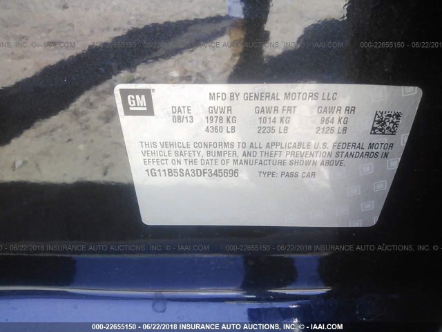 1G11B5SA3DF345696 - 2013 CHEVROLET MALIBU LS BLACK photo 9