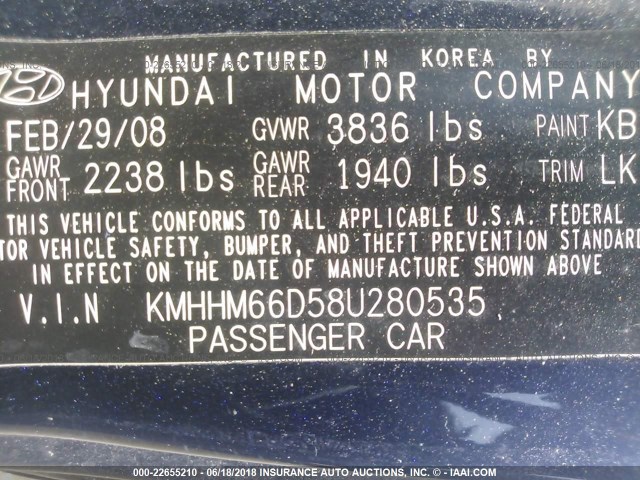 KMHHM66D58U280535 - 2008 HYUNDAI TIBURON GS BLUE photo 9