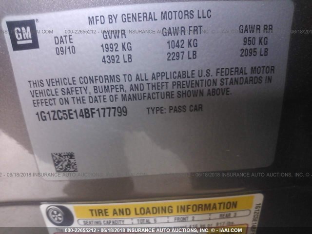 1G1ZC5E14BF177799 - 2011 CHEVROLET MALIBU 1LT 灰色 照片 9