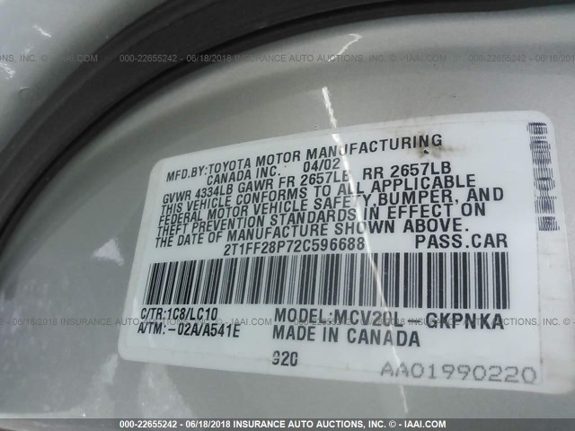 2T1FF28P72C596688 - 2002 TOYOTA CAMRY SOLARA SE/SLE SILVER photo 9