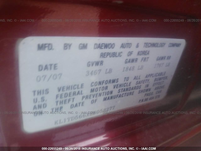 KL1TD566X8B058277 - 2008 CHEVROLET AVEO LS RED photo 9