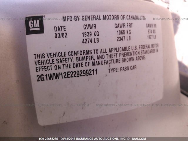 2G1WW12E229299211 - 2002 CHEVROLET MONTE CARLO LS 银色 照片 9