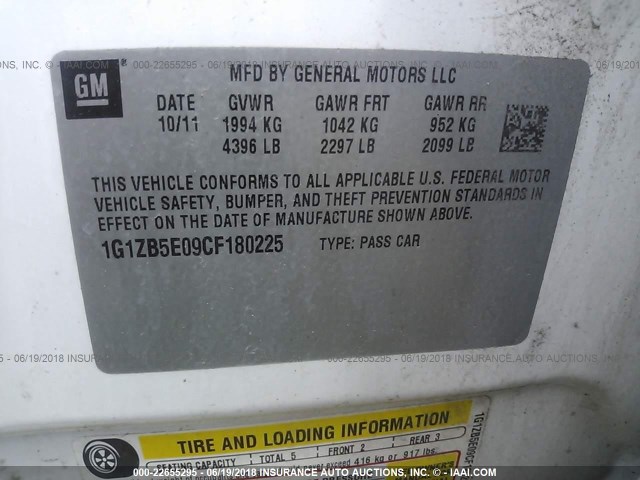 1G1ZB5E09CF180225 - 2012 CHEVROLET MALIBU LS WHITE photo 9