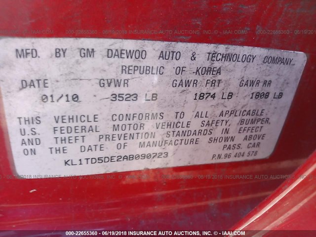 KL1TD5DE2AB090723 - 2010 CHEVROLET AVEO LS/LT 红色 照片 9