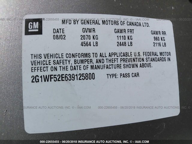 2G1WF52E639125800 - 2003 CHEVROLET IMPALA BROWN photo 9