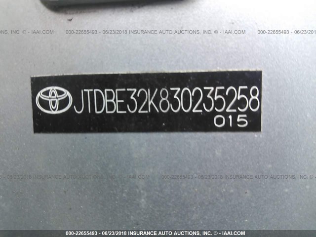 JTDBE32K830235258 - 2003 TOYOTA CAMRY LE/XLE SILVER photo 9