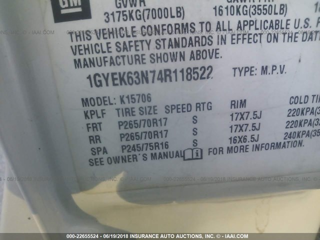 1GYEK63N74R118522 - 2004 CADILLAC ESCALADE LUXURY თეთრი ფოტო 9