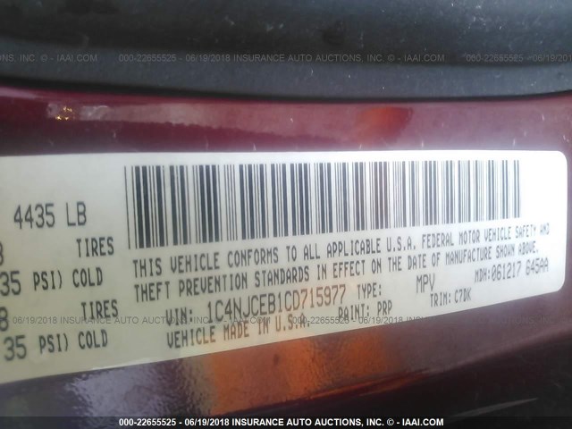 1C4NJCEB1CD715977 - 2012 JEEP COMPASS LATITUDE 红色 照片 9