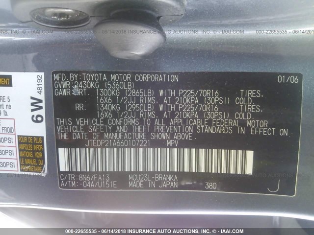 JTEDP21A660107221 - 2006 TOYOTA HIGHLANDER LIMITED BLUE photo 9