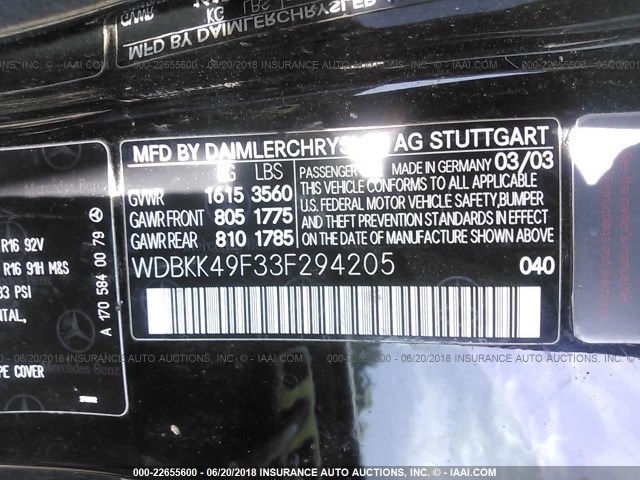 WDBKK49F33F294205 - 2003 MERCEDES-BENZ SLK 230 KOMPRESSOR BLACK photo 9