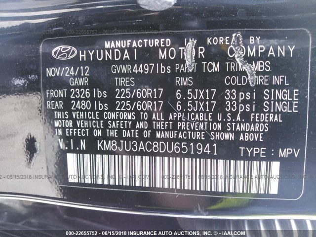 KM8JU3AC8DU651941 - 2013 HYUNDAI TUCSON GLS/LIMITED BLACK photo 9