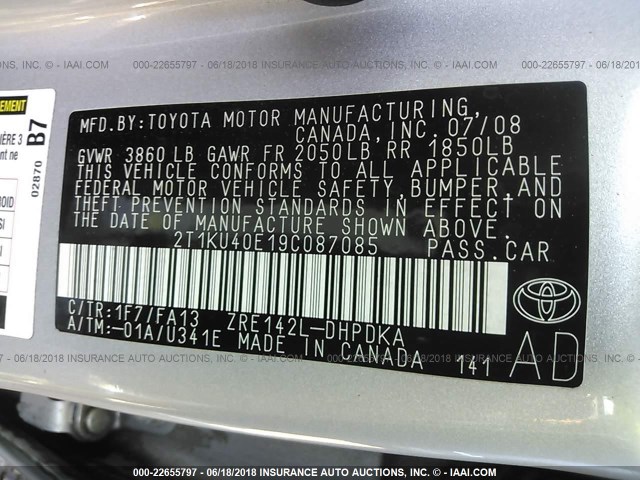 2T1KU40E19C087085 - 2009 TOYOTA COROLLA MATRIX  SILVER photo 9