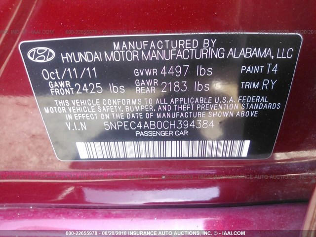 5NPEC4AB0CH394384 - 2012 HYUNDAI SONATA SE/LIMITED BURGUNDY photo 9