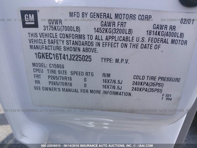 1GKEC16T41J225025 - 2001 GMC YUKON XL C1500 WHITE photo 9