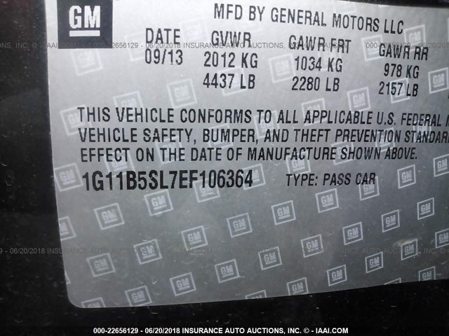 1G11B5SL7EF106364 - 2014 CHEVROLET MALIBU LS BLACK photo 9