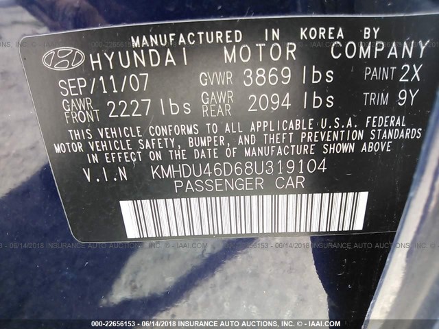 KMHDU46D68U319104 - 2008 HYUNDAI ELANTRA GLS/SE/LIMITED BLUE photo 9