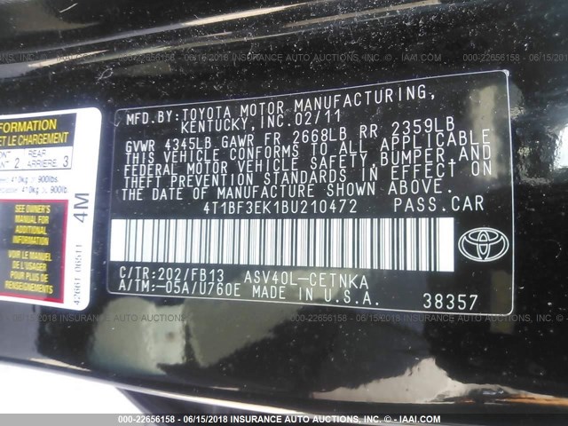 4T1BF3EK1BU210472 - 2011 TOYOTA CAMRY SE/LE/XLE 黑色 照片 9