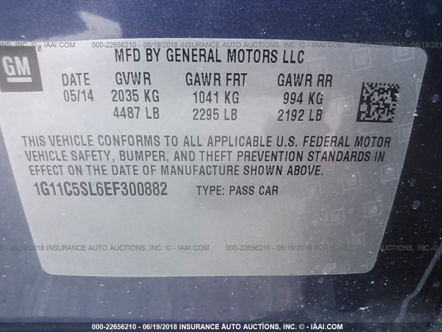 1G11C5SL6EF300882 - 2014 CHEVROLET MALIBU 1LT BLUE photo 9