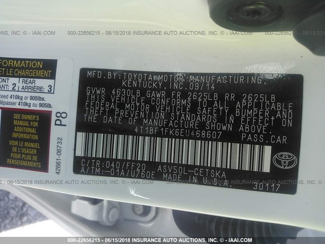 4T1BF1FK6EU468607 - 2014 TOYOTA CAMRY L/SE/LE/XLE თეთრი ფოტო 9