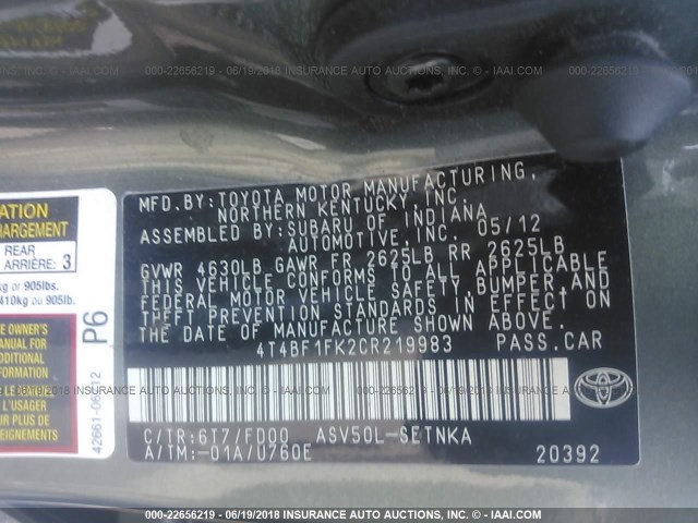 4T4BF1FK2CR219983 - 2012 TOYOTA CAMRY SE/LE/XLE მწვანე ფოტო 9