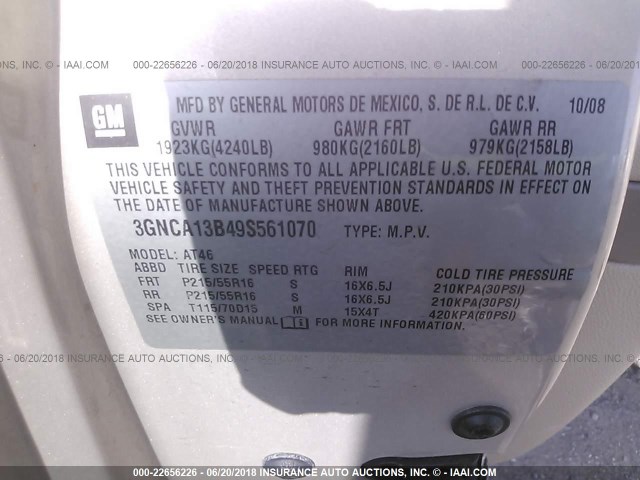 3GNCA13B49S561070 - 2009 CHEVROLET HHR LS GOLD photo 9