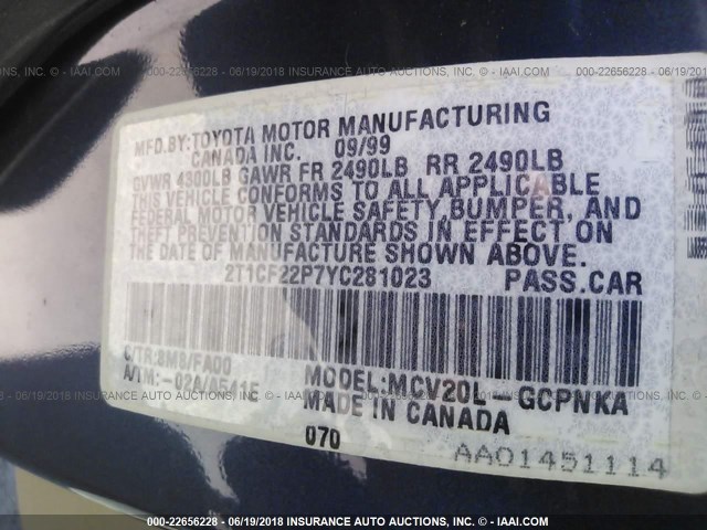 2T1CF22P7YC281023 - 2000 TOYOTA CAMRY SOLARA SE/SLE ლურჯი ფოტო 9
