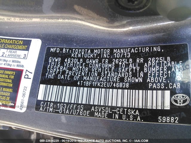 4T1BF1FK2EU746838 - 2014 TOYOTA CAMRY L/SE/LE/XLE 黑色 照片 9