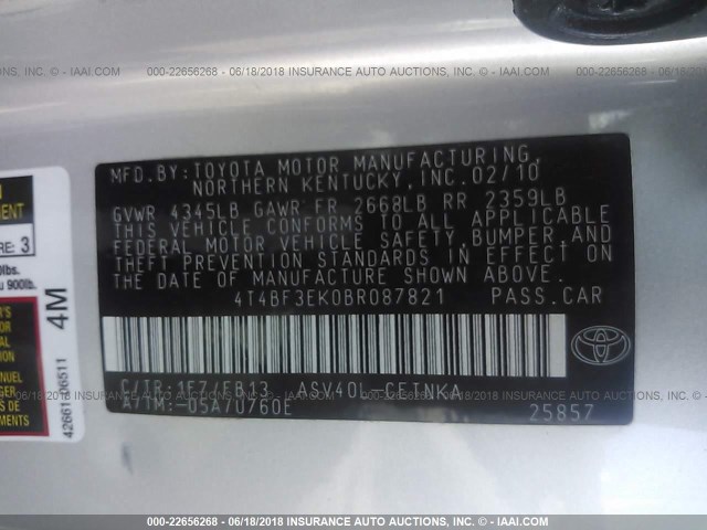 4T4BF3EK0BR087821 - 2011 TOYOTA CAMRY SE/LE/XLE SILVER photo 9