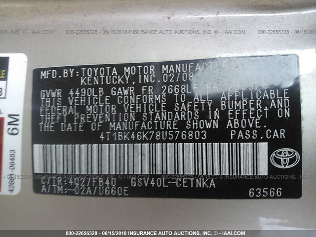 4T1BK46K78U576803 - 2008 TOYOTA CAMRY LE/XLE/SE ოქროსფერი ფოტო 9