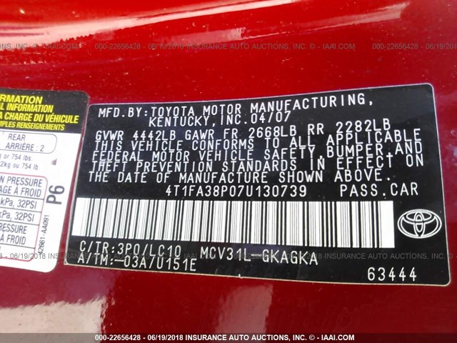 4T1FA38P07U130739 - 2007 TOYOTA CAMRY SOLARA SE/SLE წითელი ფოტო 9