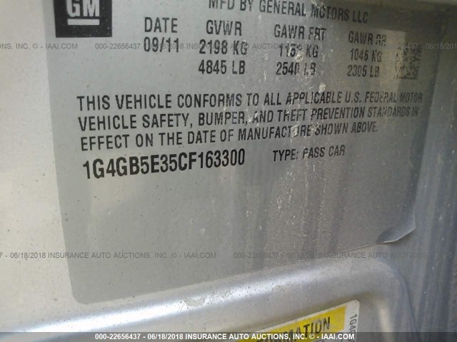 1G4GB5E35CF163300 - 2012 BUICK LACROSSE CONVENIENCE 银色 照片 9