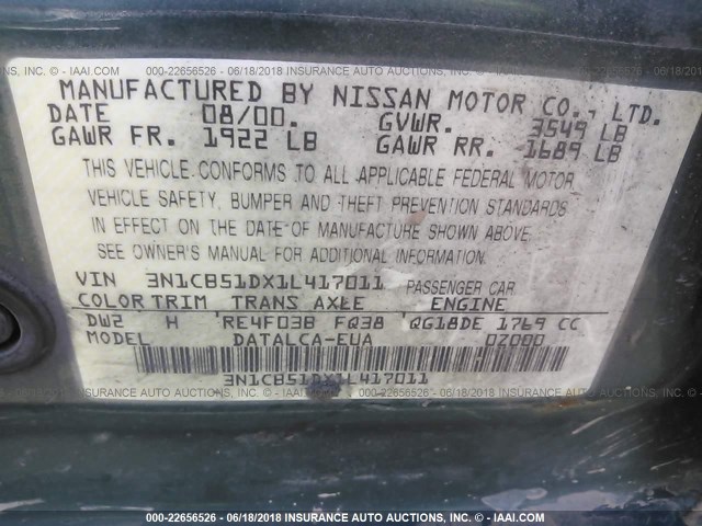 3N1CB51DX1L417011 - 2001 NISSAN SENTRA XE/GXE GREEN photo 9