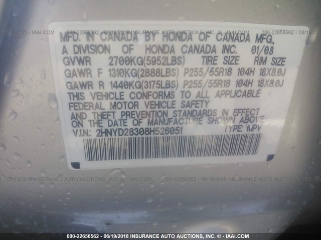 2HNYD28308H526051 - 2008 ACURA MDX TECHNOLOGY SILVER photo 9