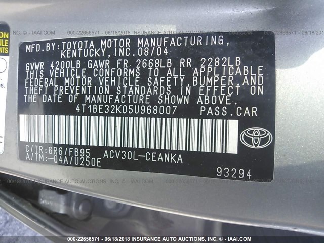 4T1BE32K05U968007 - 2005 TOYOTA CAMRY LE/XLE/SE ნაცრისფერი ფოტო 9