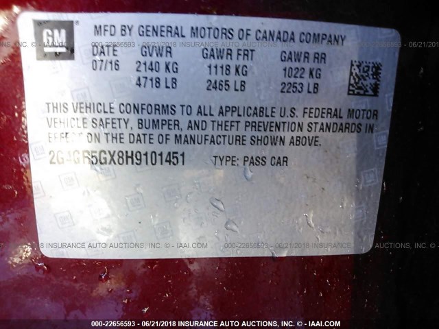 2G4GR5GX8H9101451 - 2017 BUICK REGAL PREMIUM RED photo 9