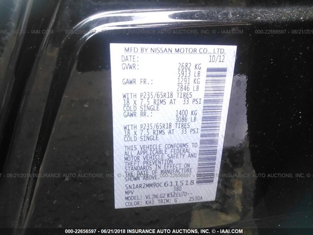 5N1AR2MM9DC611518 - 2013 NISSAN PATHFINDER S/SV/SL/PLATINUM 黑色 照片 9