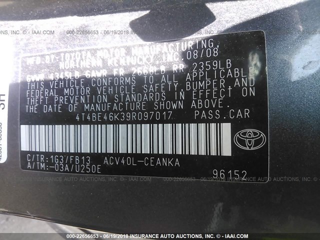 4T4BE46K39R097017 - 2009 TOYOTA CAMRY SE/LE/XLE ნაცრისფერი ფოტო 9
