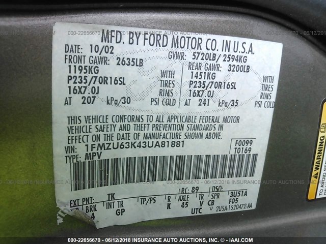 1FMZU63K43UA81881 - 2003 FORD EXPLORER XLT/XLT SPORT/NBX GRAY photo 9