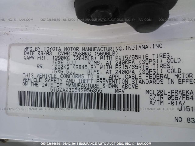 5TDZA23C64S056355 - 2004 TOYOTA SIENNA CE/LE WHITE photo 9