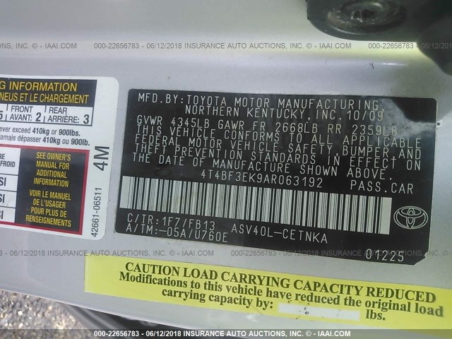 4T4BF3EK9AR063192 - 2010 TOYOTA CAMRY SE/LE/XLE ვერცხლისფერი ფოტო 9